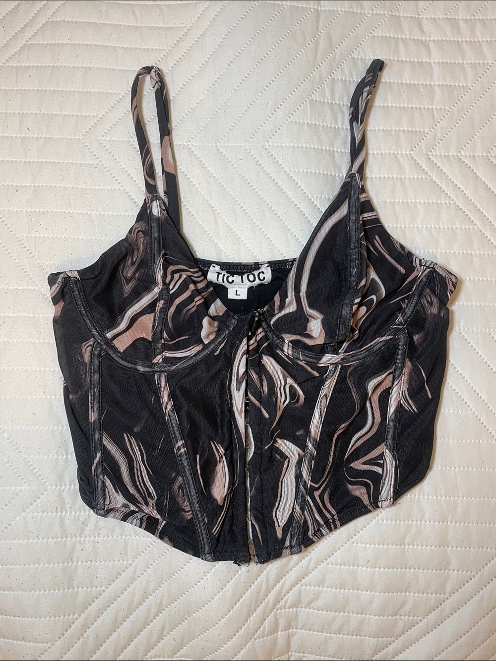 Tic Toc Black Marble-Print Corset Camisole - Black & Beige